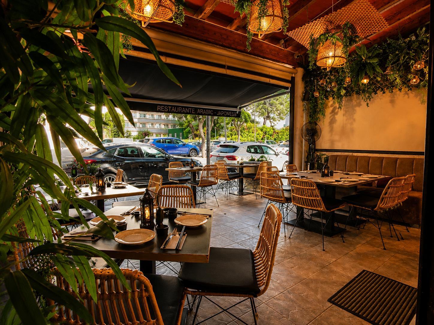 Terraza con vegetación al atardecer